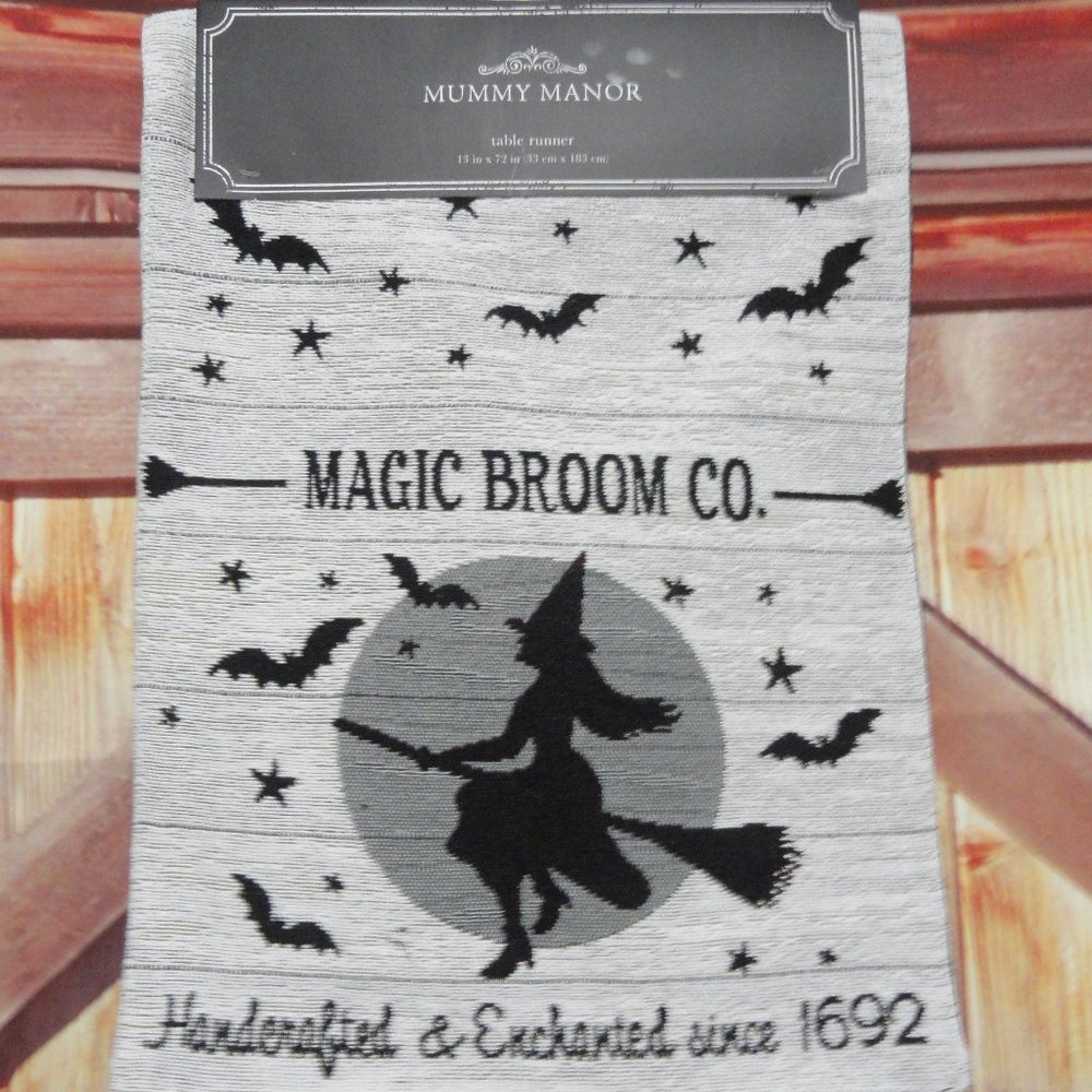 Magic Broom Co since 1692 Witch on Broom & Bats Table Runner NWT 13x72 C…